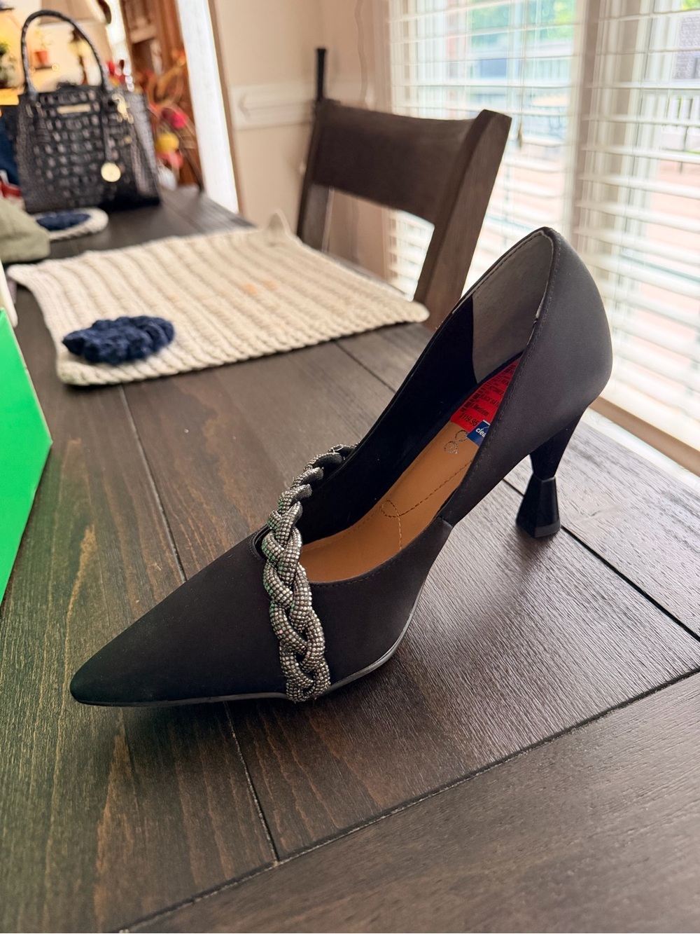 Black Embellished Braided Strap Pointed-Toe Pump - Picture 7 of 12
